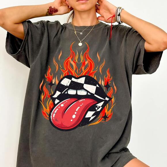 Other - Checkered Flame Lips Shirt, Western Graphic Tee, Country Concert Tshirt